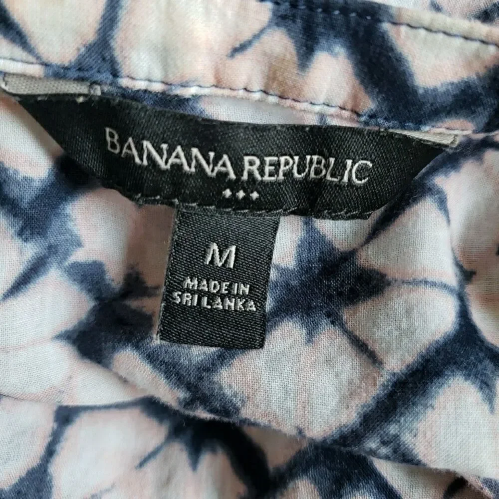 Banana Republic Shibori Tie Dye Blouse M Medium Pink Navy Blue V-Neck Tassel Top